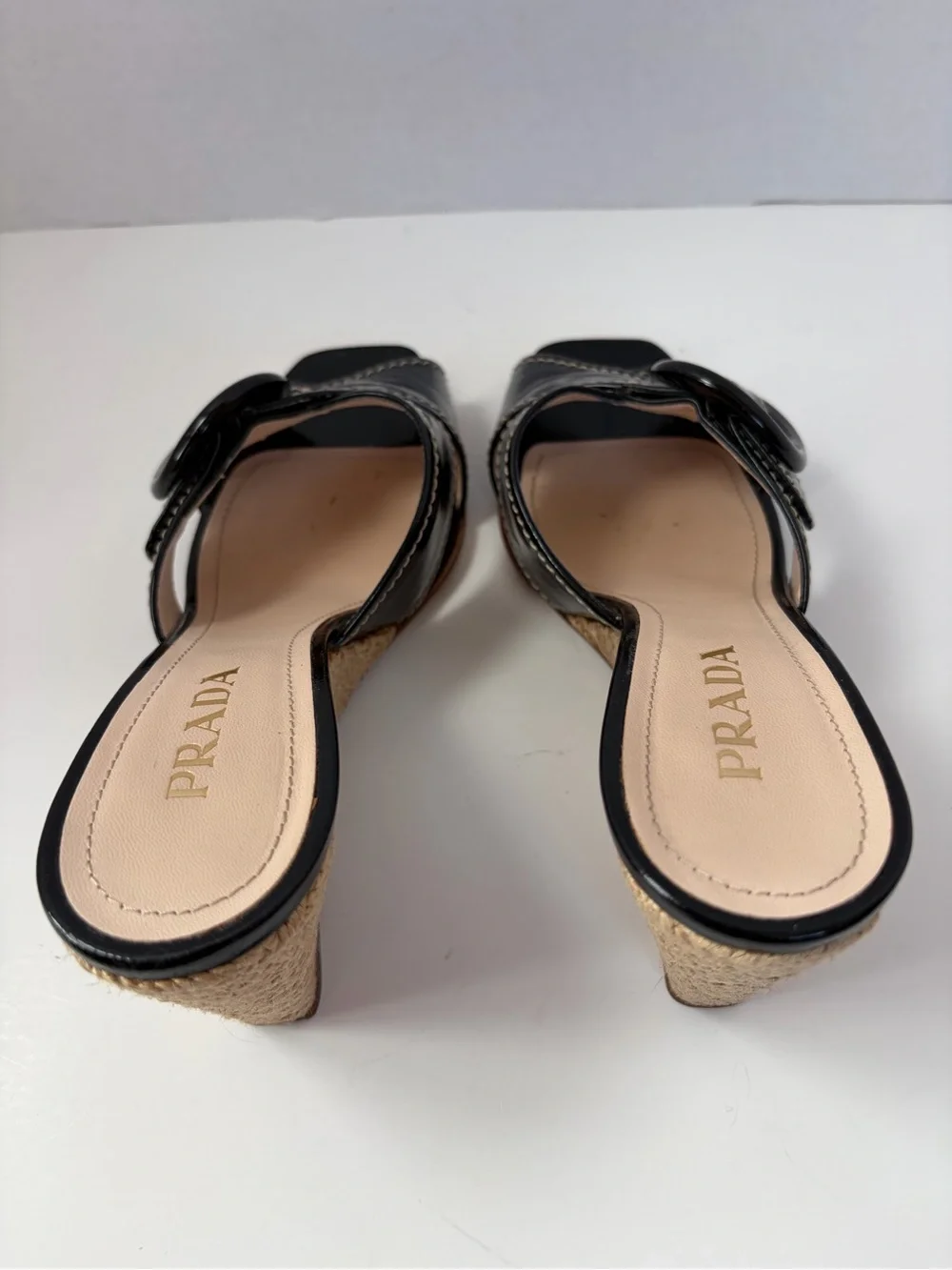 Prada Espadrille Wedge Sandals Vernice Buckle Patent Leather Black Size 38.5